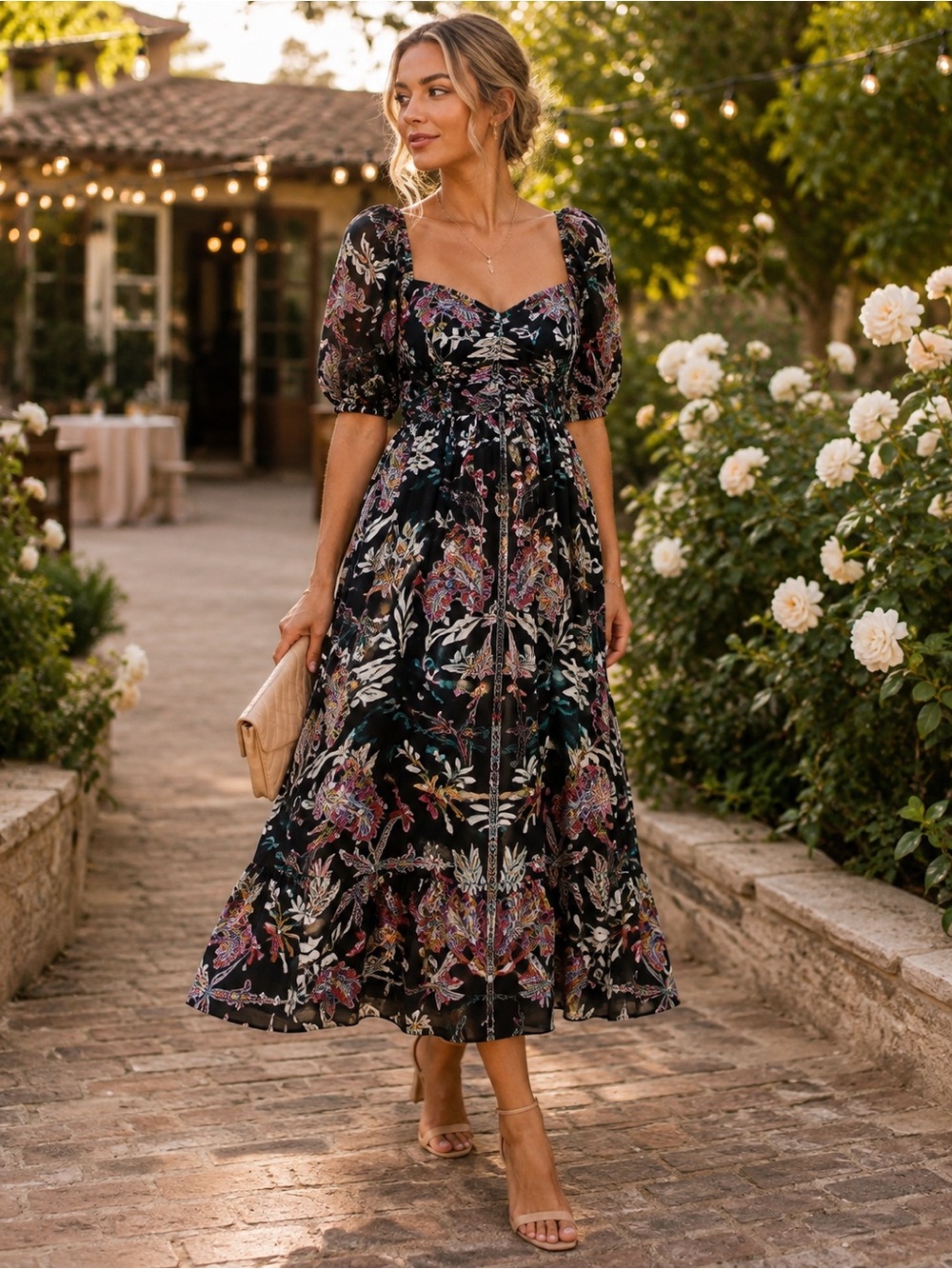Caballero Aidette Dusk Floral Midi Dress S Puff Sleeve Wedding Guest